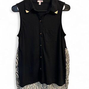 Rare Bongo black button up blouse with zebra print lower back.